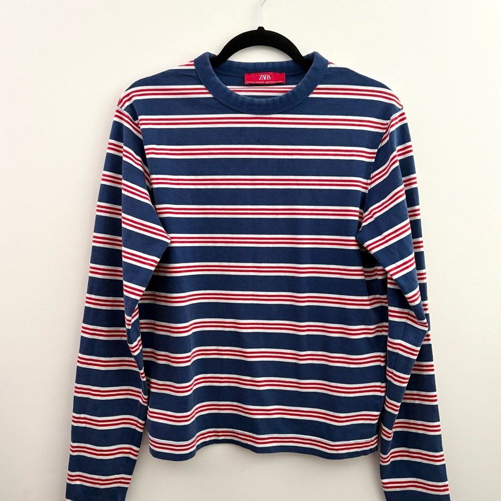 Zara Navy and White Striped Top with Red Highlights